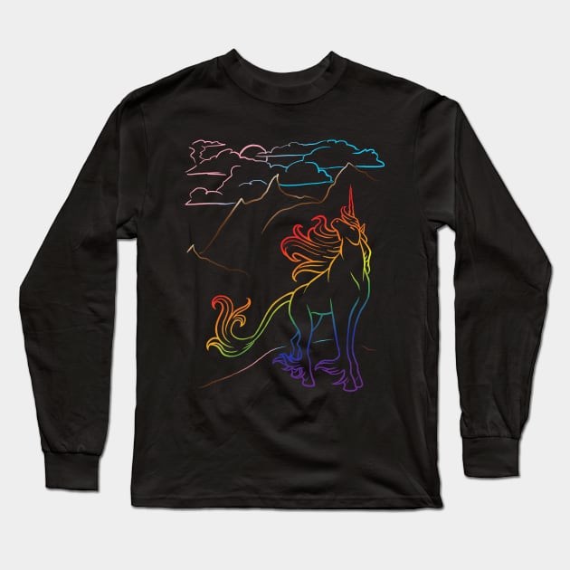 Pride Mountain Unicorn Lineart Long Sleeve T-Shirt by Bardic Cat